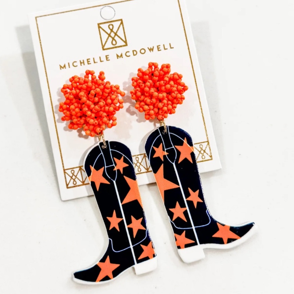 Michelle McDowell Cowboy Boot Beaded Earrings - NWT Orange & Navy Auburn Gameday